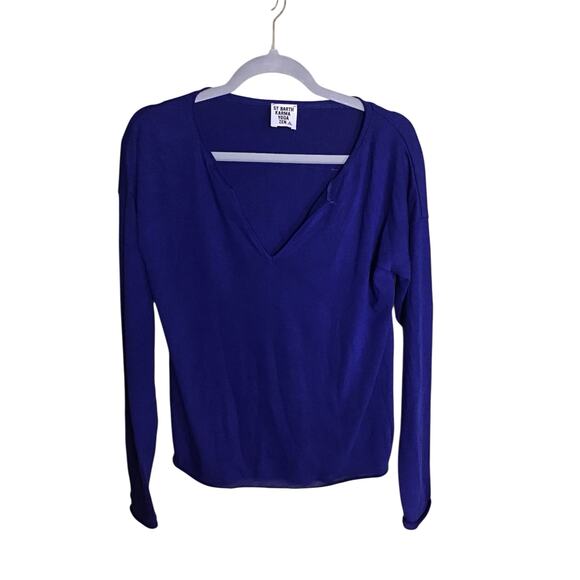 Women Shirt St Barth Karma Logo  Open V-Neck Long/Sl Sz. Med Blue EUC No Sz tag - Picture 2 of 8